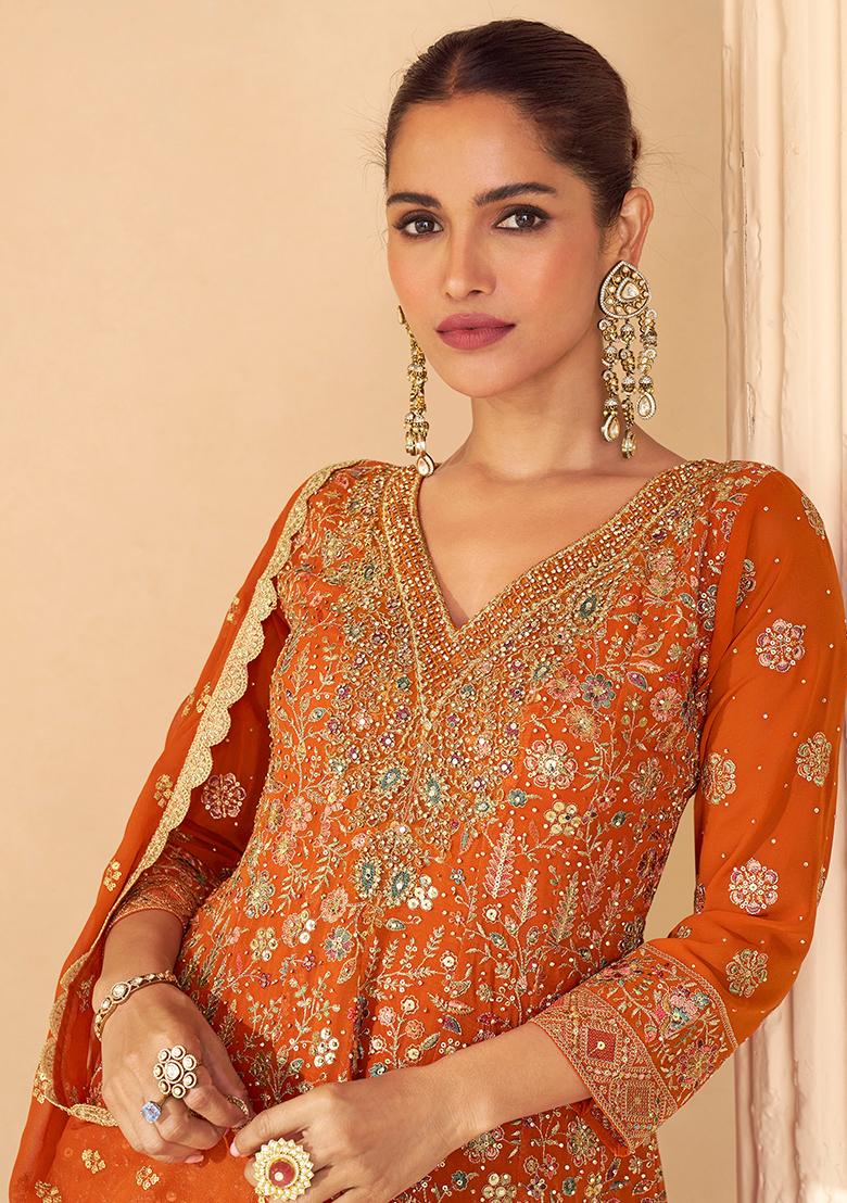 Orange Embroidery Georgette Kurta Set - Indya