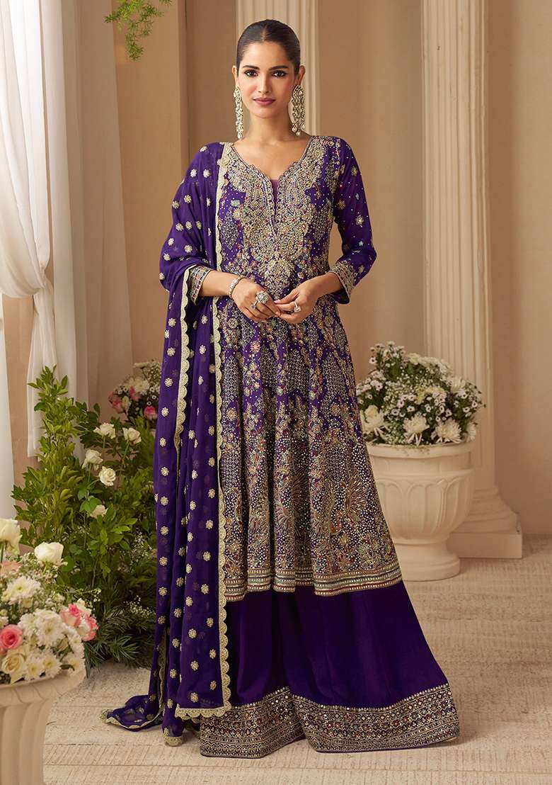 Purple Embroidered Georgette Sharara Set - Indya