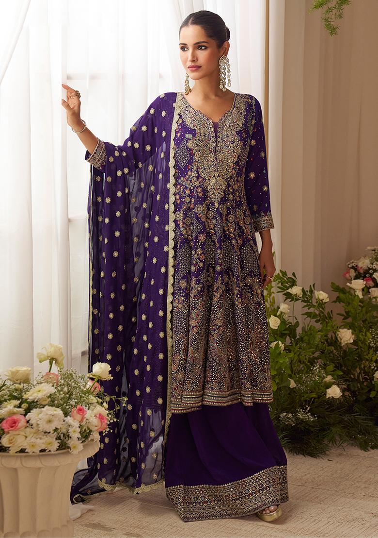 Purple Embroidery Georgette Kurta Set - Indya