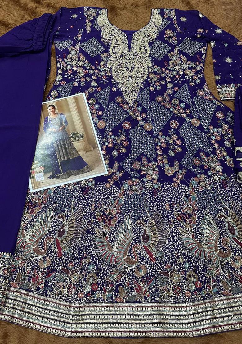 Purple Embroidery Georgette Kurta Set - Indya