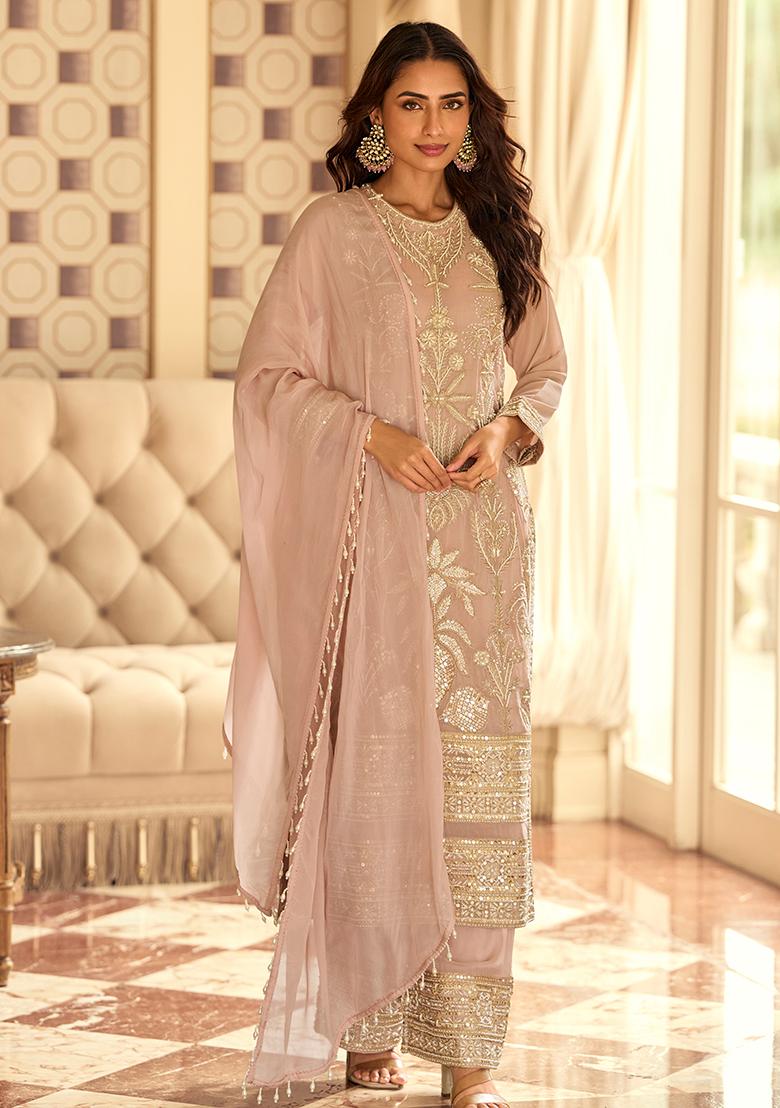 Beige Embroidery Georgette Kurta Set - Indya