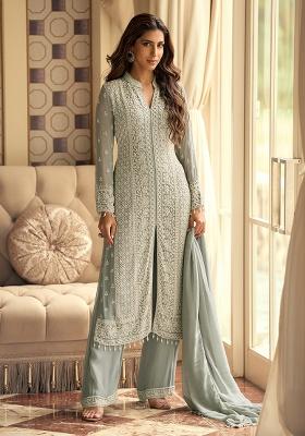Grey Embroidery Georgette Kurta Set