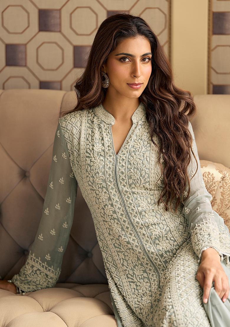 Grey Embroidery Georgette Kurta Set - Indya