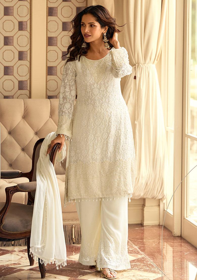 White Embroidery Georgette Kurta Set - Indya