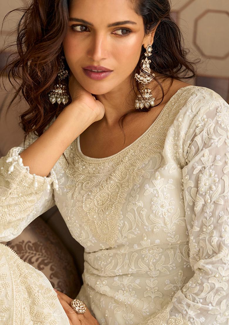 White Embroidery Georgette Kurta Set - Indya