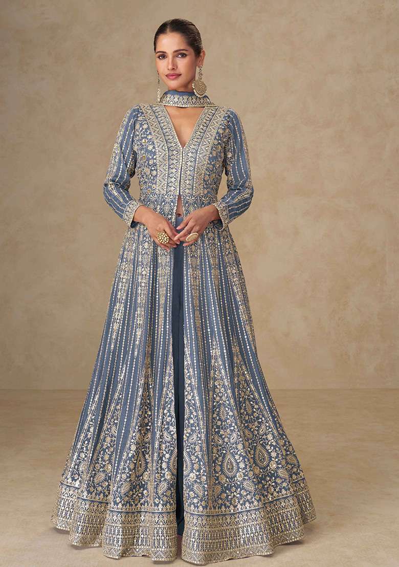 Grey Embroidered Chinon Anarkali Set - Indya