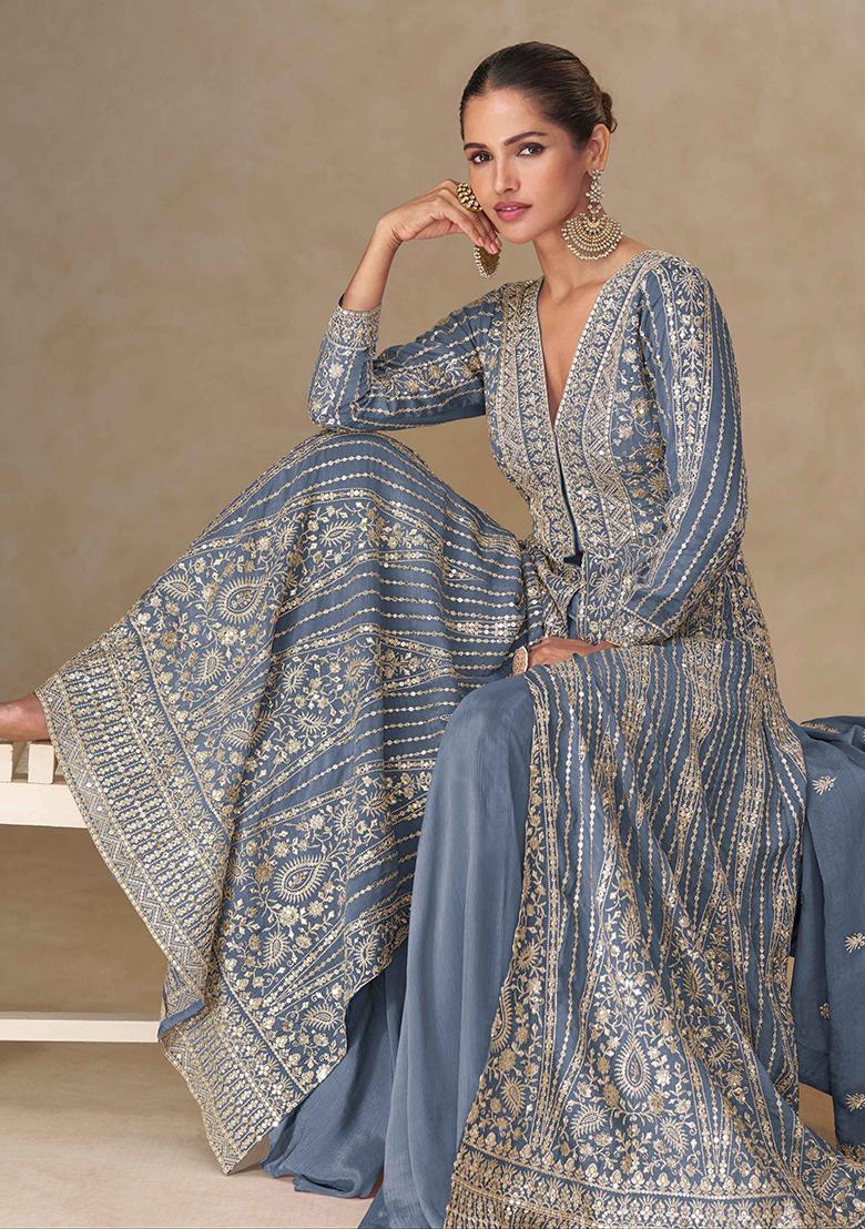 Grey Embroidery Chinon Kurta Set - Indya