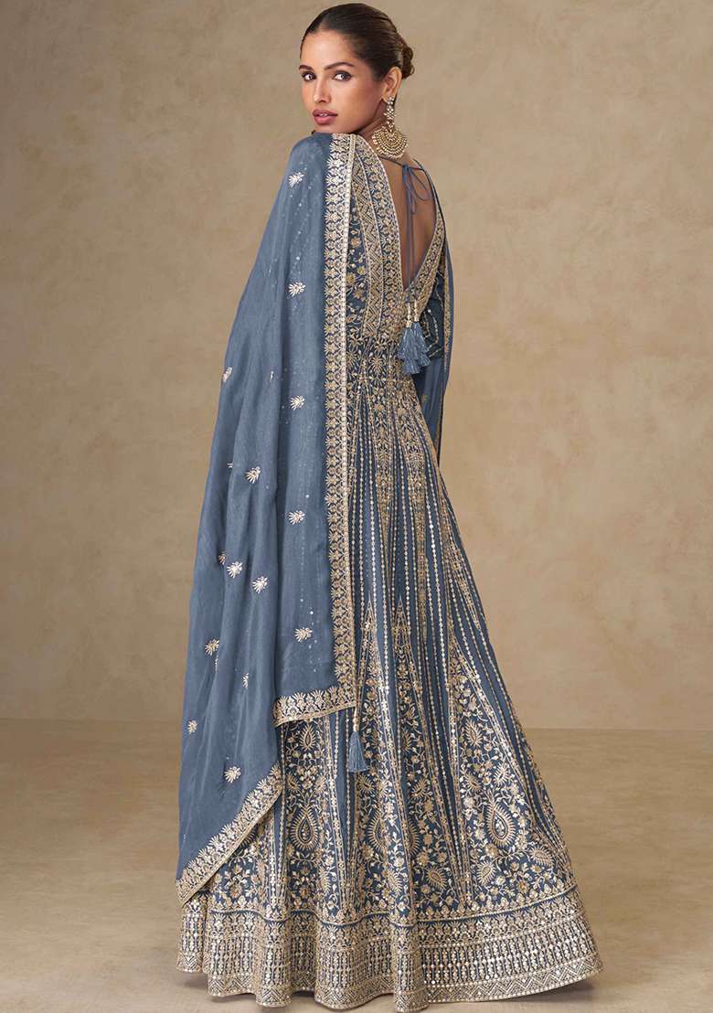 Grey Embroidered Chinon Anarkali Set - Indya