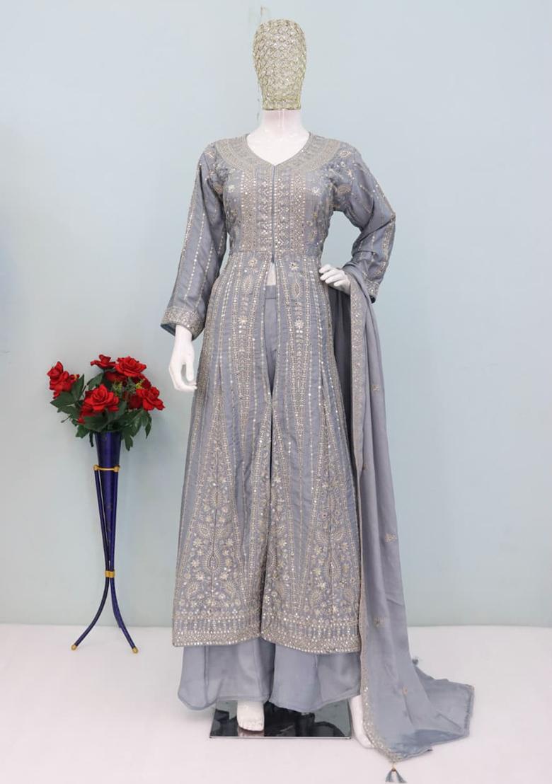 Grey Embroidery Chinon Kurta Set - Indya