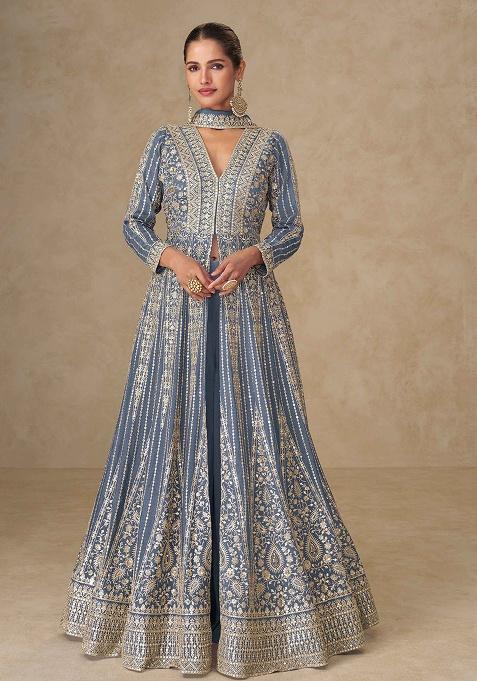 Grey Embroidery Chinon Kurta Set