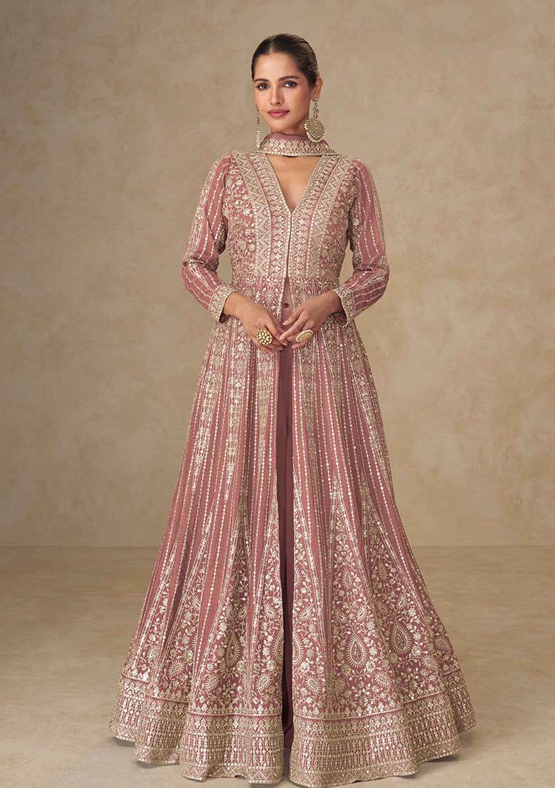 Peach Embroidered Chinon Anarkali Set - Indya