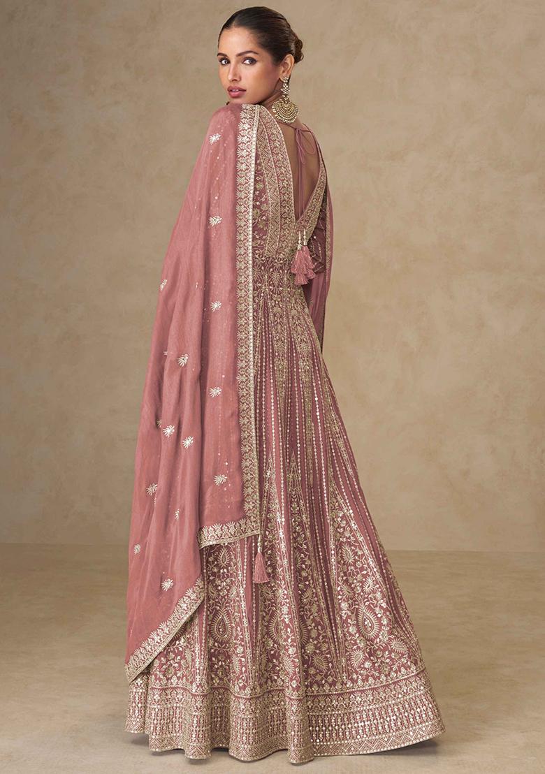 Peach Embroidery Chinon Kurta Set - Indya