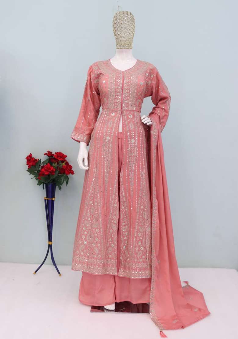 Peach Embroidered Chinon Anarkali Set - Indya