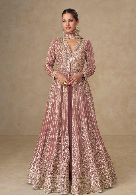 Peach Embroidery Chinon Kurta Set