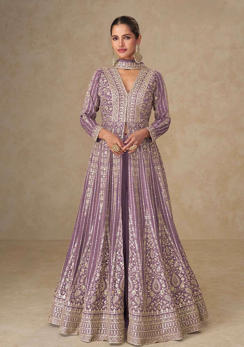 Lavender Embroidered Chinon Anarkali Set - Indya