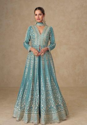 Sea Blue Embroidery Chinon Kurta Set