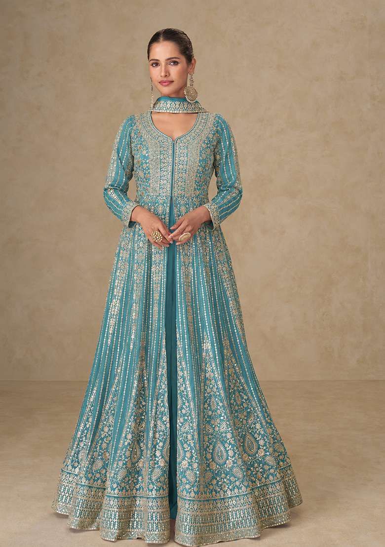 Sea Blue Embroidered Chinon Anarkali Set - Indya