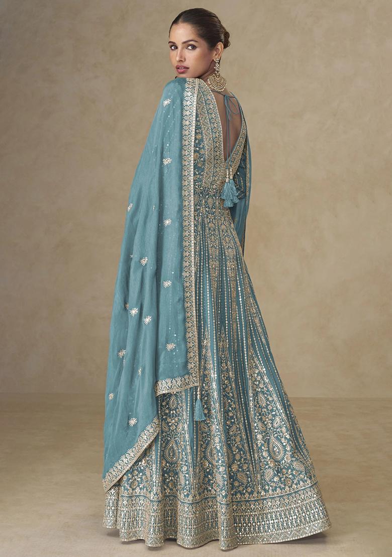 Sea Blue Embroidery Chinon Kurta Set - Indya