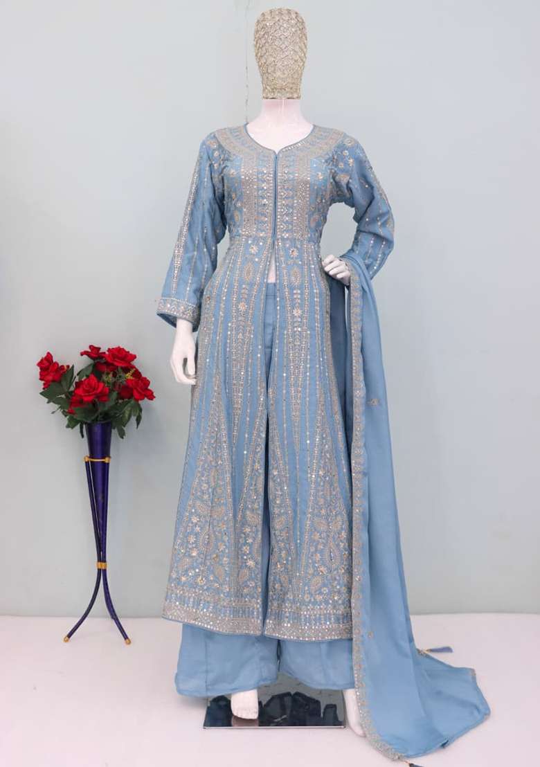 Sea Blue Embroidered Chinon Anarkali Set - Indya