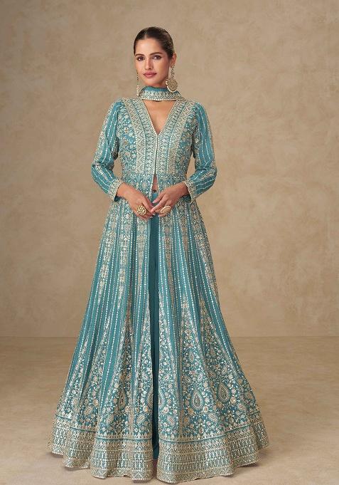 Sea Blue Embroidery Chinon Kurta Set