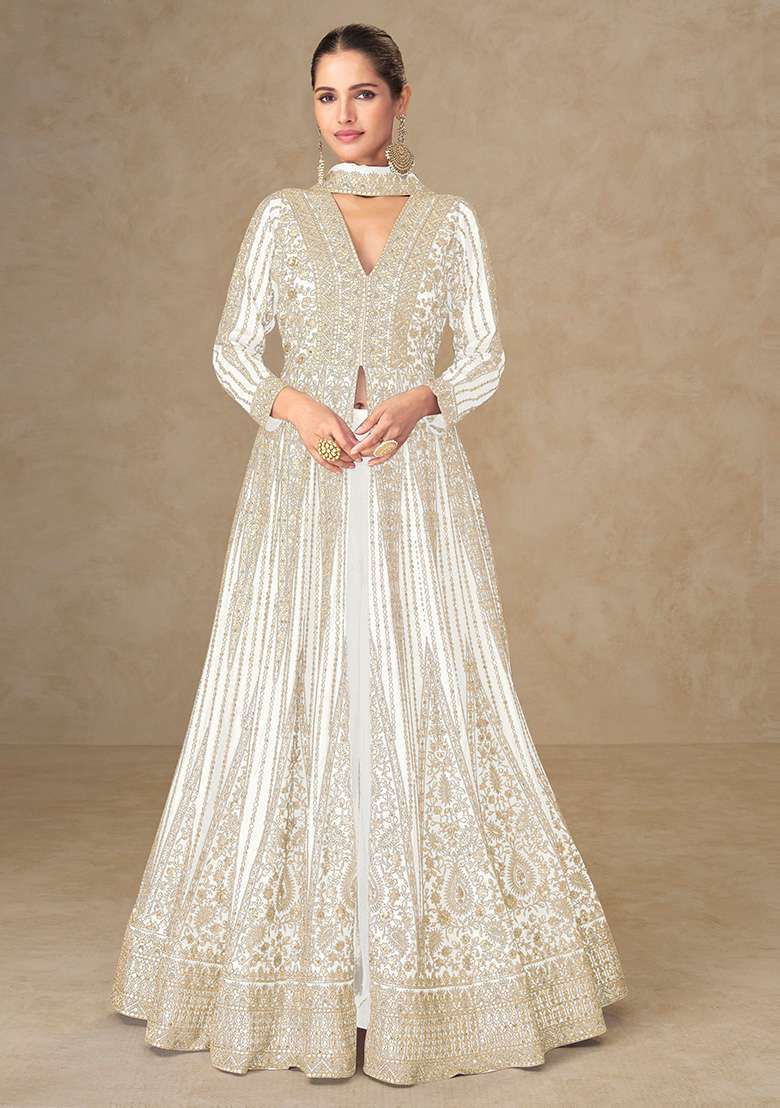 White Embroidered Chinon Anarkali Set - Indya