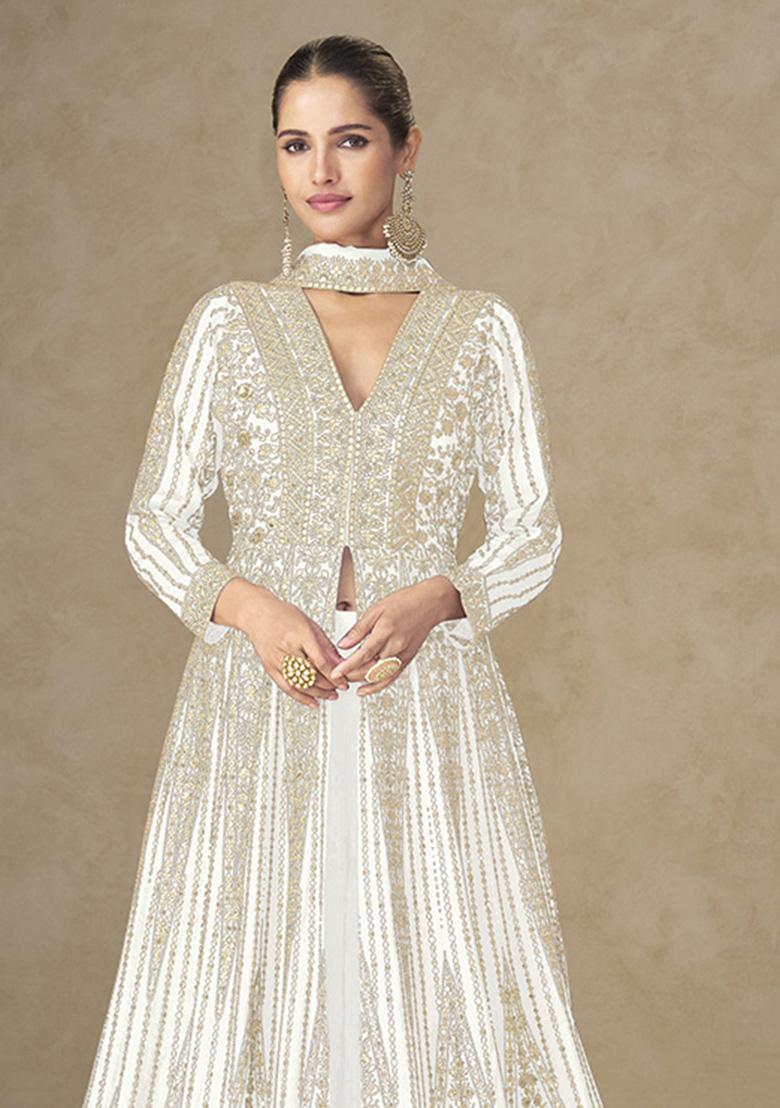 White Embroidery Chinon Kurta Set - Indya