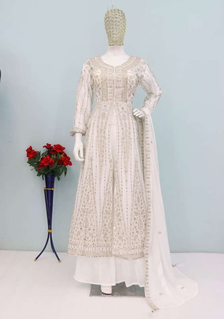 White Embroidered Chinon Anarkali Set - Indya