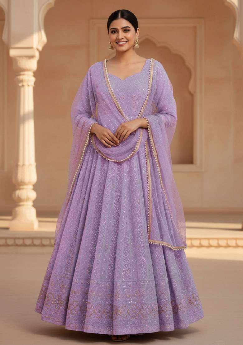 Light Purple Embroidered Georgette Anarkali Set - Indya