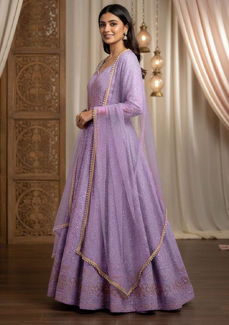 Light Purple Embroidered Georgette Anarkali Set - Indya