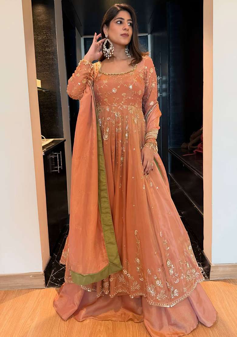 Peach Embroidered Georgette Anarkali Set - Indya