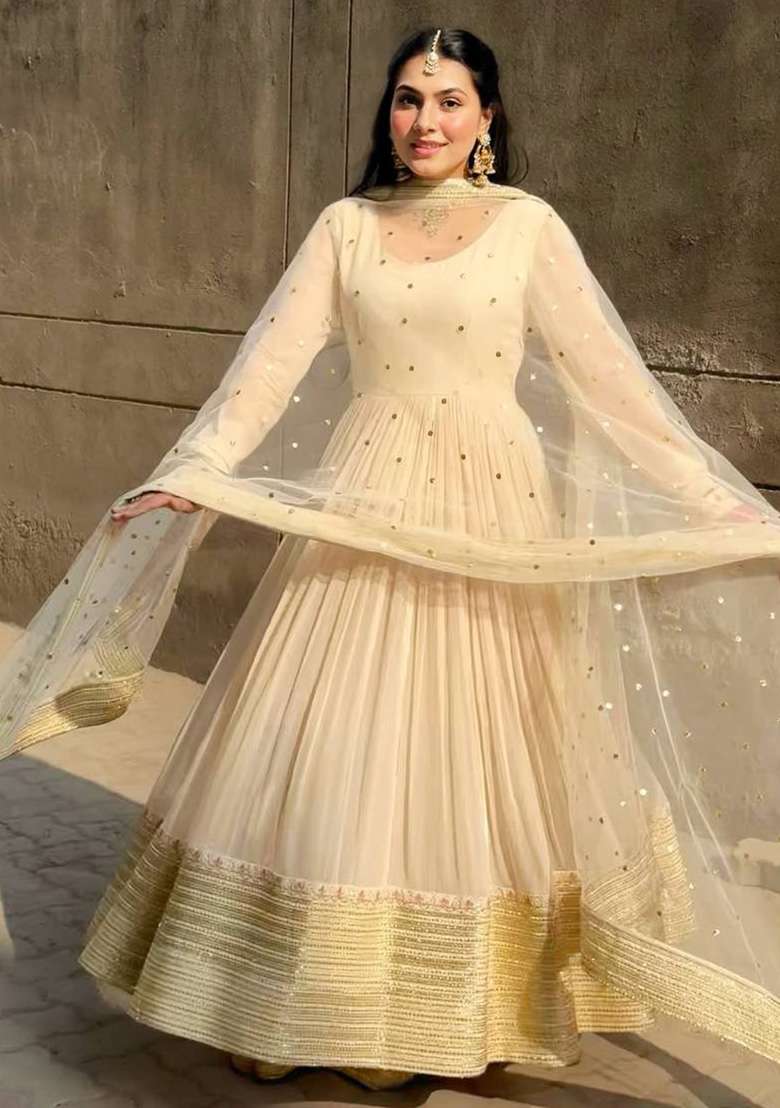 Off White Sequin Work Georgette Anarkali Set - Indya