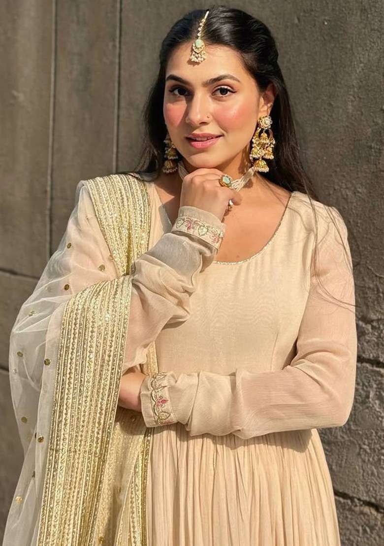 Off White Sequin Work Georgette Anarkali Set - Indya