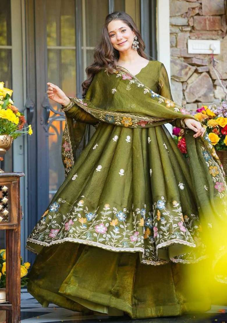 Mehendi Embroidery Silk Sharara Set - Indya