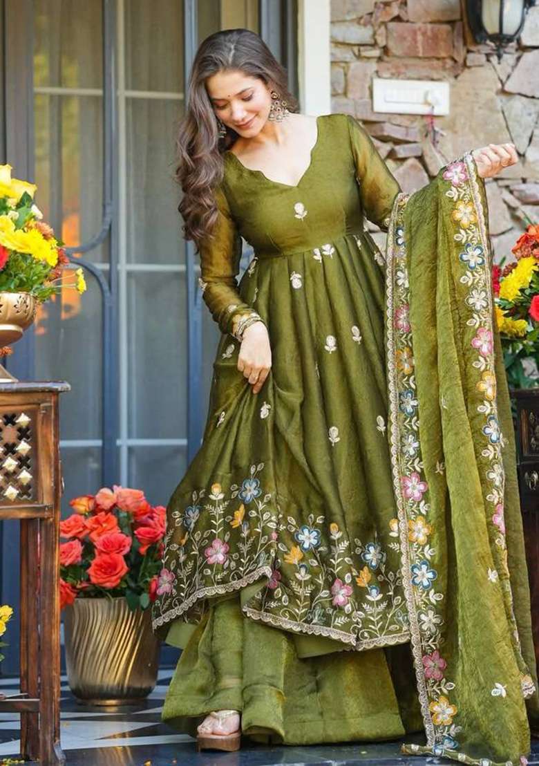 Mehendi Embroidery Silk Sharara Set - Indya
