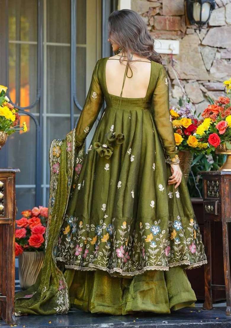 Mehendi Embroidery Silk Sharara Set - Indya