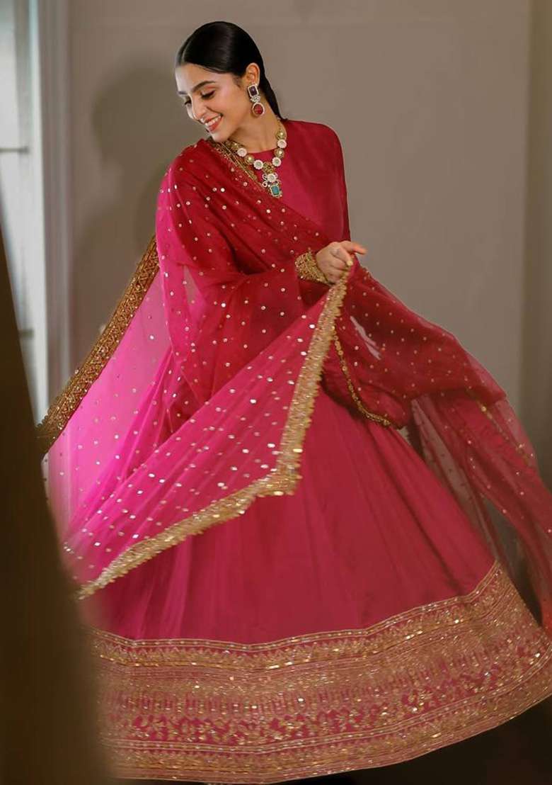 Pink Embroidered Silk Blend Anarkali Set - Indya