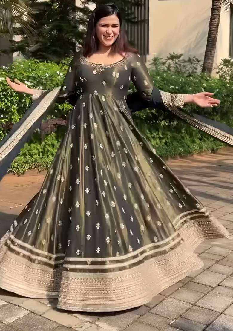 Green Embroidered Silk Blend Anarkali Set - Indya