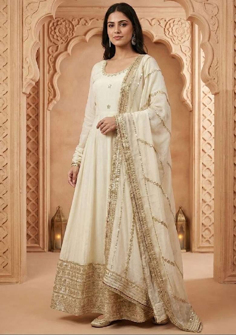 Off White Embroidered Silk Blend Anarkali Set - Indya