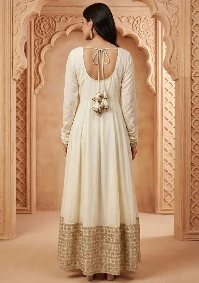 Off White Embroidered Silk Blend Anarkali Set - Indya