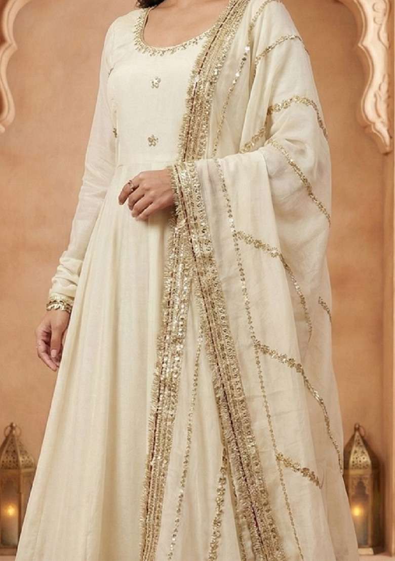 Off White Embroidered Silk Blend Anarkali Set - Indya