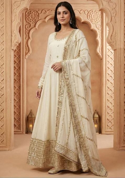 Off White Embroidery Silk Kurta Set