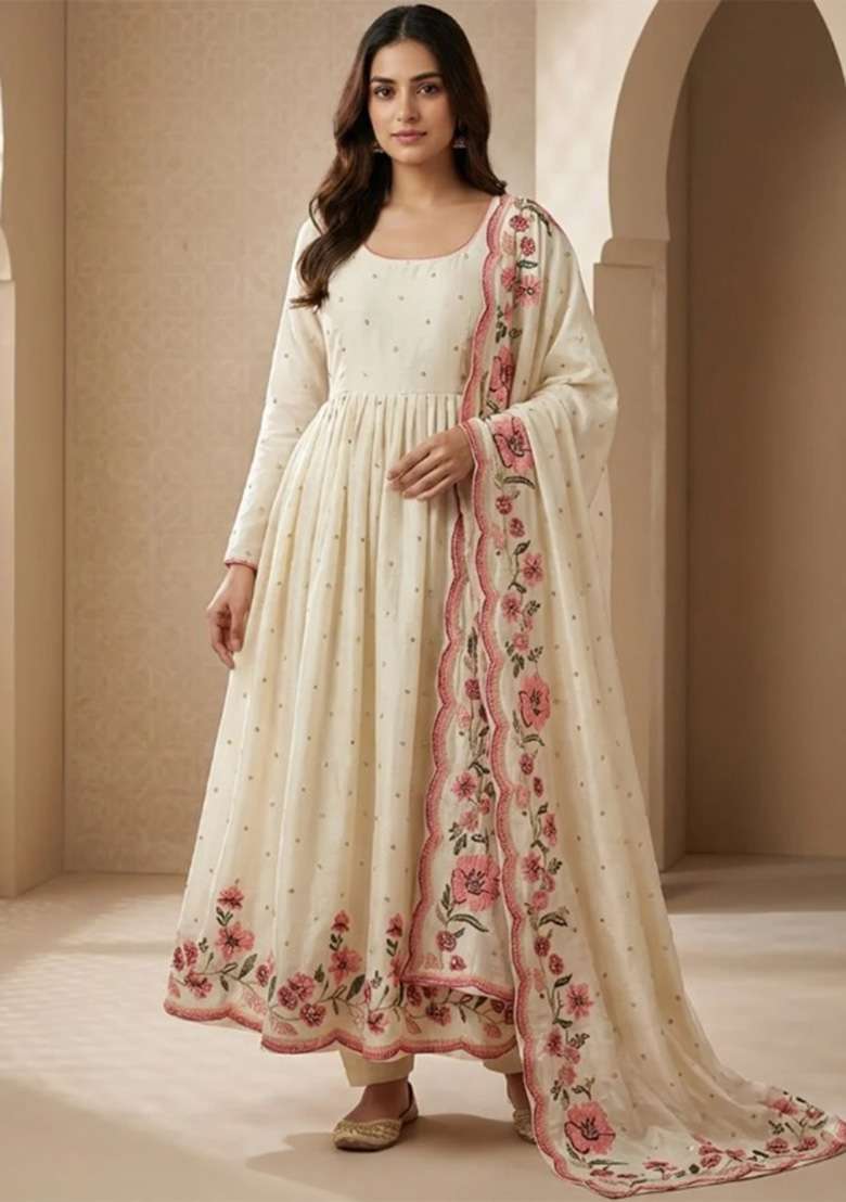 Off White Embroidered Silk Blend Anarkali Set - Indya