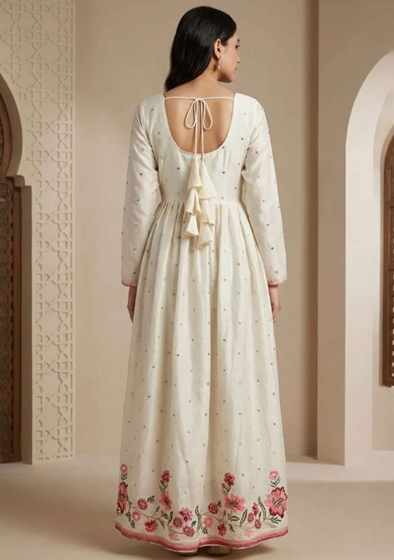 Off White Embroidered Silk Blend Anarkali Set - Indya