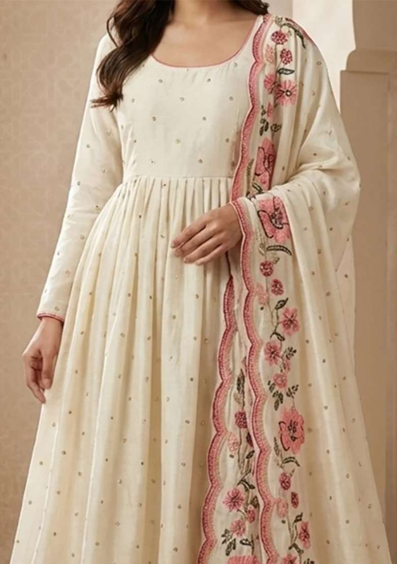 Off White Embroidered Silk Blend Anarkali Set - Indya
