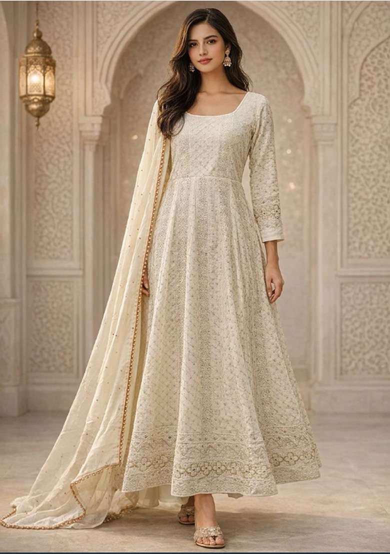 Off White Chikankari Faux Blooming Anarkali Set - Indya