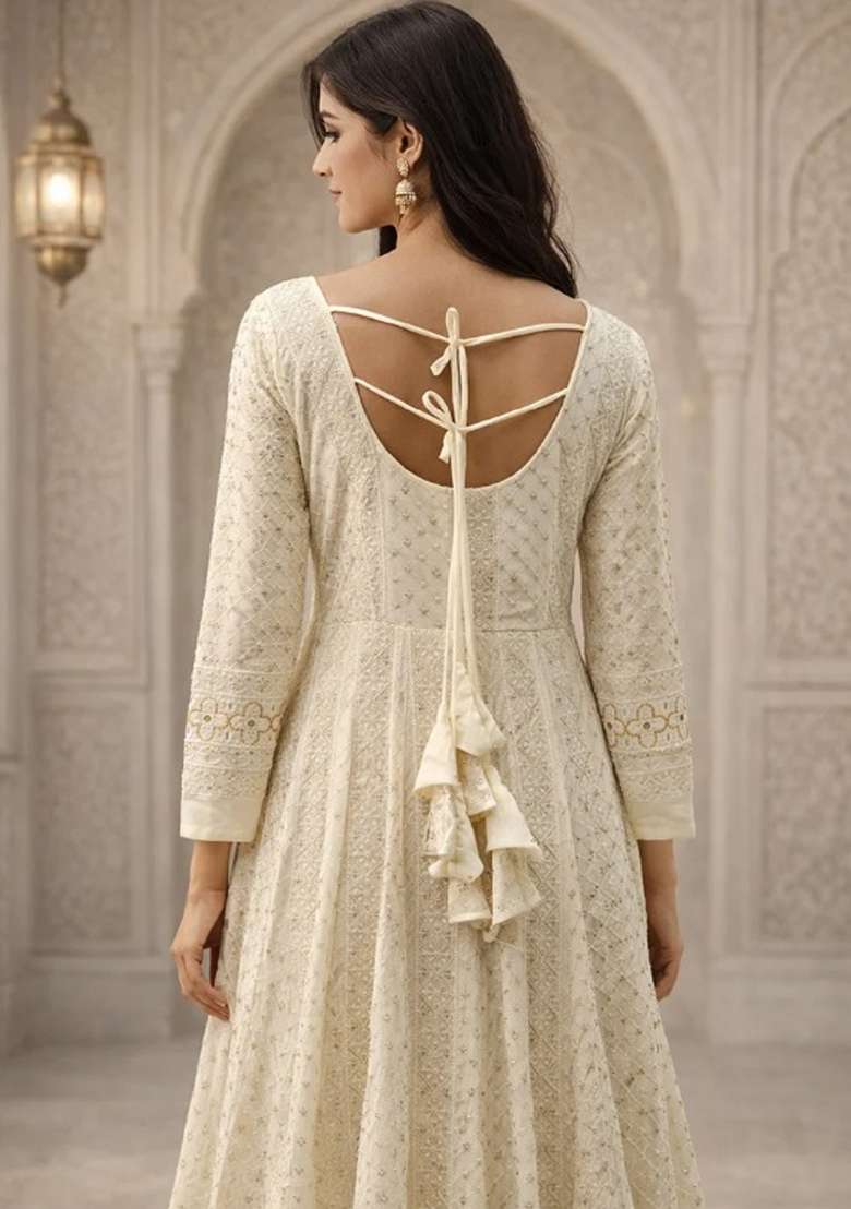 Off White Chikankari Faux Blooming Anarkali Set - Indya