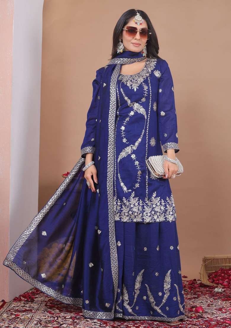 Blue Embroidered Silk Blend Sharara Set - Indya