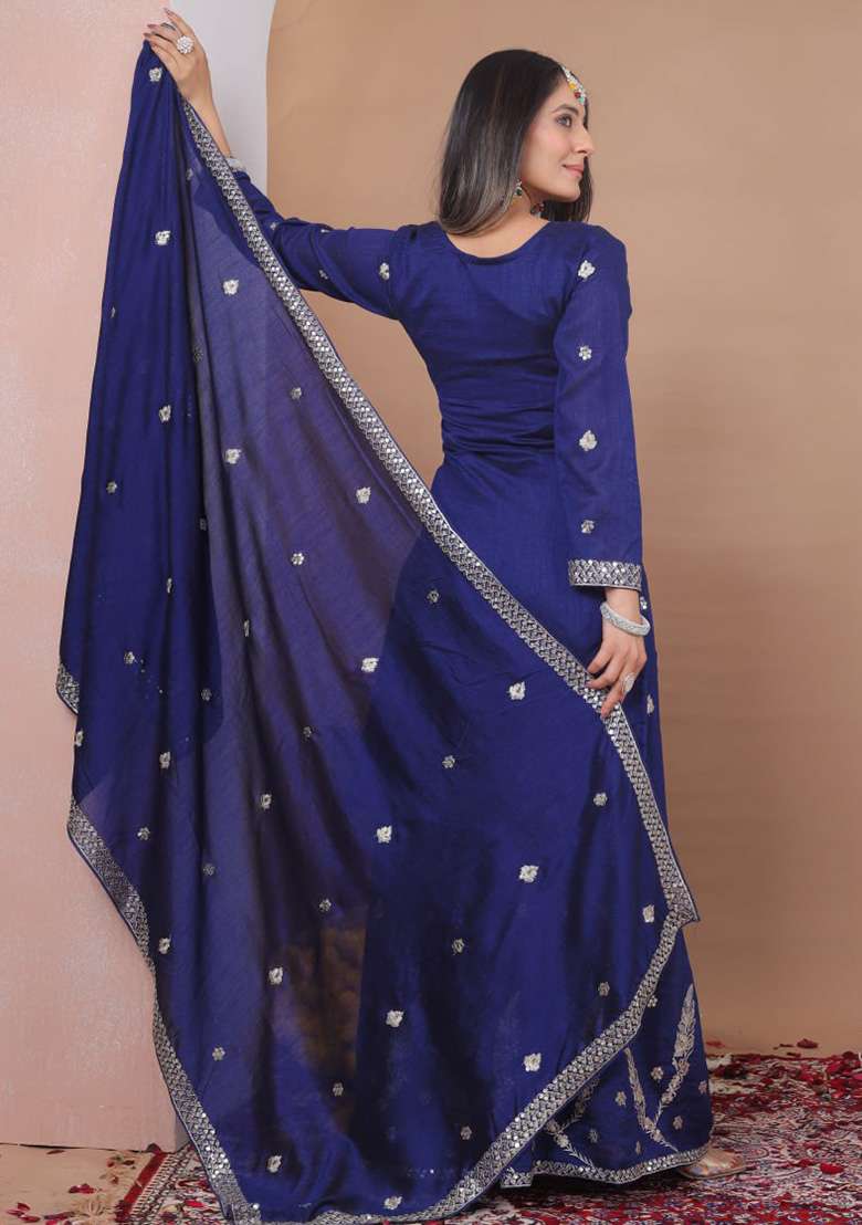 Blue Embroidered Silk Blend Sharara Set - Indya