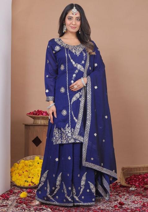Blue Embroidery Silk Kurta Set