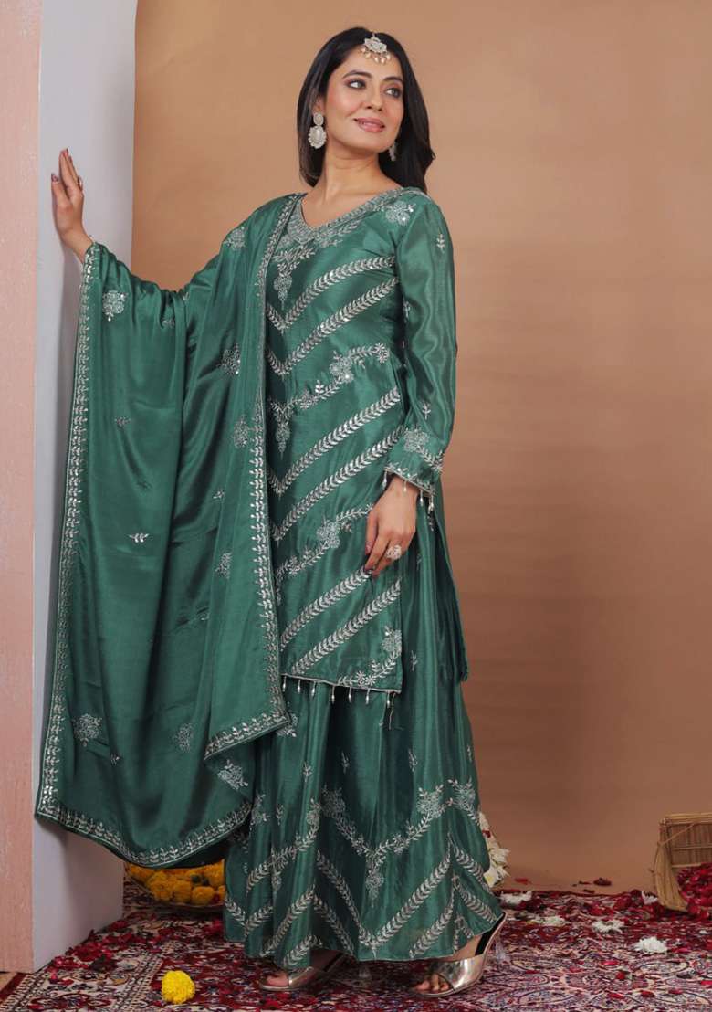 Green Embroidered Silk Blend Sharara Set - Indya